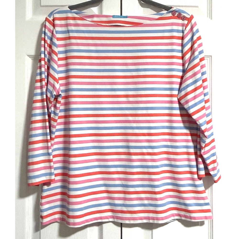 J.McLaughlin Womens XL Striped Boat Neck 3/4 Sleeve Button Shoulder Top Pink